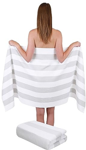 Betz 2 Stück Saunatuch Saunatücher Set Badetuch 100% Baumwolle Berlin Größe 70x180 cm XXL Sauna Handtuch Weich Groß Streifen Farbe weiß - Silbergrau