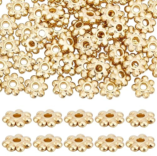 Beebeecraft 1 Box 80 Stück Blumen-Abstandsperlen Aus 18 Karat Vergoldetem Edelstahl 6 mm Runde Abstandsperlen Mit Gänseblümchen-Seiten Kappen Für DIY-Schmuckherstellung Armbänder Ohrringe