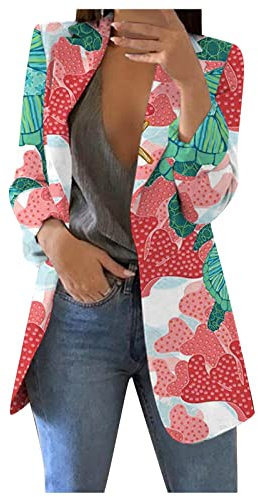 Vasreyy Italienische Mode Damen Teddy Mantel Lange Strickjacke Frauen Blumenmuster Bedruckte Open Front Arbeit BüRo Jacke Mantel Langarm Elegant Business Revers Blazerjacke Lange Strickjacke