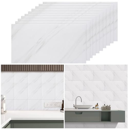 Warmiehomy Marble Tile Stickers 60x30cm 10Pcs Thicken Self Adhesive Wall Tiles Waterproof,Peel and Stick on Vinyl Floor Wall Tiles for Bedroom Bathroom Living Room Kitchen Splashback,Jazz White