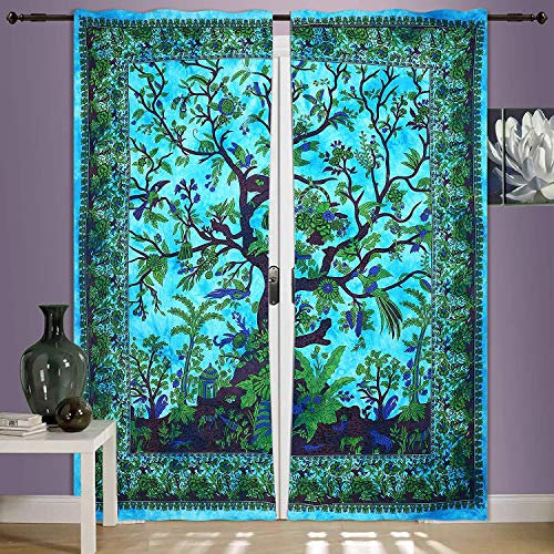 ALOFCART Baum des Lebens Mandala Tapisserie Wandbehang indische Fenster Vorhänge Wandpaneele Boho (Türkis, Twin, 82 x 52 Zoll)