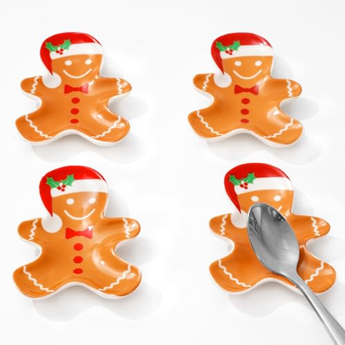 Whaline 4Pcs Christmas Spoon Rest Gingerbread Man Ceramic Spoon Holder Cute Xmas Gingerbread Sauce Dishes Ring Dish for Kitchen Home Office Decor, WH10464