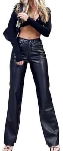 Damen Y2K Leder Jeans Low Waist Slim Bootcut Hose mit Taschen Vintage Straight Leder Pants Slim Flare Schlaghose für Mädchen Pants 90s E-Girl Streetwear (Schwarz,S)