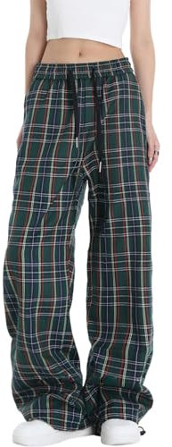 Veryin Pantalon Carreaux Femme Baggy Y2k Pants avec Poches Haute Taille Elastique Large Décontracté Léger