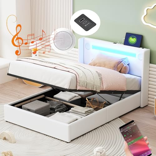 Bgsryao Gepolstertes Bett aus PU-Material, 90 x 200 cm, Bett mit LED-Lichtleiste, Bluetooth-Player und USB-Ladegerät, große Aufbewahrungsbox, mit Lattenrost, weiß (Matratze nicht im Lieferumfang