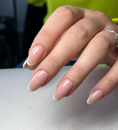 Faux Ongles Court MouyouGlow,Amande Nude Bord Blanc French Press on Nails avec Colle à Ongles,Naturel White Tips Acryl Fake Nails