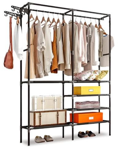WOWZILLA Kleiderschrank Offenes Regal Kleiderstange Garderobe Wardrobe Schwarz Schrank Schlafzimmer Kleiderstange Schrank 2 Kleiderstange 174х107.5х35.5 cm Clothes Rack Organizer Kleidung Schrank