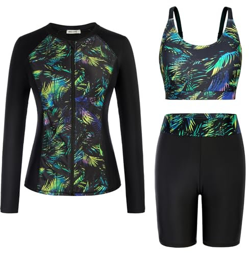Frauen Fashion Surfanzug mit Reißverschluss 3-teiliger Badeanzug Outdoor Sports Surfen Schwimmanzug Blätter auf Schwarz M