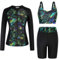 Frauen Fashion Surfanzug mit Reißverschluss 3-teiliger Badeanzug Outdoor Sports Surfen Schwimmanzug Blätter auf Schwarz M