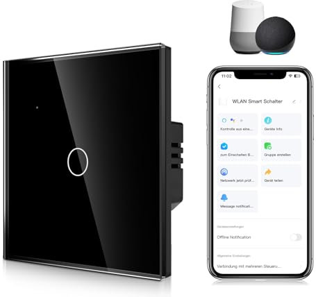 CNBINGO Interruttore della luce intelligente, interruttore touch WLAN funziona con Alexa, multifunzione APP, interruttore da parete in vetro, senza conduttore neutro richiesto