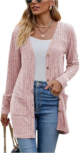 Famulily Damen Cardigans Langarm Open Front Button Down V-Neck Oversized Loose Fitted Sweater Coat (S, Rosa)