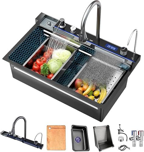 Fregadero de cocina con pantalla digital en relieve, gran ranura de acero inoxidable, estación de trabajo inteligente, fregadero de cocina con lavadora a presión y dos cascadas (negro, 80 x 45 x 22