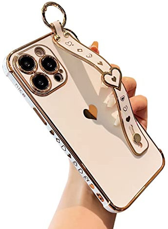 DEFBSC for iPhone 16 Pro Max Case with Wrist Strap, Cute Side Love Heart Plating Edge Phone Case with Heart Pattern Wristband Finger Holder Stand Soft TPU Bumper Shockproof Protective Case - White