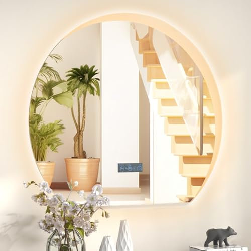 RELAX4LIFE Badspiegel mit Beleuchtung, Wandspiegel Halbrund 60 x 53 cm, LED Badezimmerspiegel mit Touchschalter, Speicherfunktion, Uhr, Temperatur, Beschlagfrei, Lichtspiegel 3 Lichtfarben dimmbar