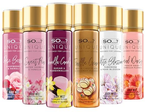 So…? Unique Womens Body Spray Mixed Fragrance Bundle, Vanilla Candy, Truffle Cream, Sweet Pea, White Blossom, Coral Daisy, Rose Berry, 150ml (Pack of 6)