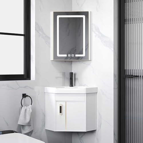 Lavandino Ad Angolo, Lavandino Da Bagno Ad Angolo Con Mobile A Specchio, Mobile Da Bagno Con Montaggio A Parete, Con Rubinetto E Scarico, Lavabo In Ceramica, Per Piccoli Spazi(White,38cm/15in)