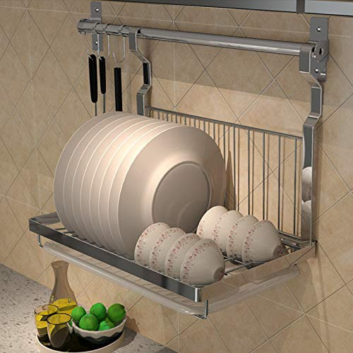 Stainless Steel Wall Mounted Dish Rack with Removable Drip Tray Hanging Foldable Bowl Plate Rack for Drainer Drying Includes Drilling and Hole Free Installation Options (40cm Rod Included)
