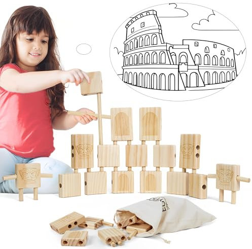 Edyfico TDD101, Bausteine für Kinder ab 1 jahr, 44 Stück Holzbausteine Montessori Spielzeug, Kleinkind Lose-flexible Verbindungen Version für leicht Wieder zusammenbauen, mit Canvas Aufbewahrungsbeute