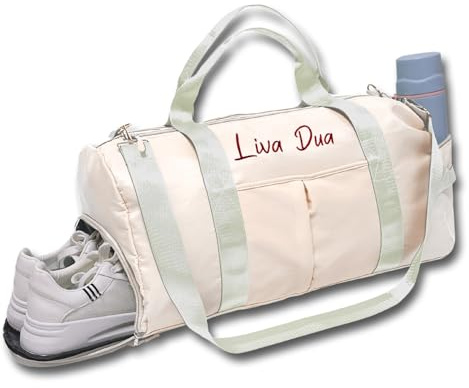 Caixiabeauty Personalisierte Sporttasche,Damen-Sporttasche mit gesticktem Namen,Mädchen-Tanztasche,Gepäcktasche, Reittasche,große Kapazität,Reisetasche, wasserdichte Schwimmbad-Turntasche(White)