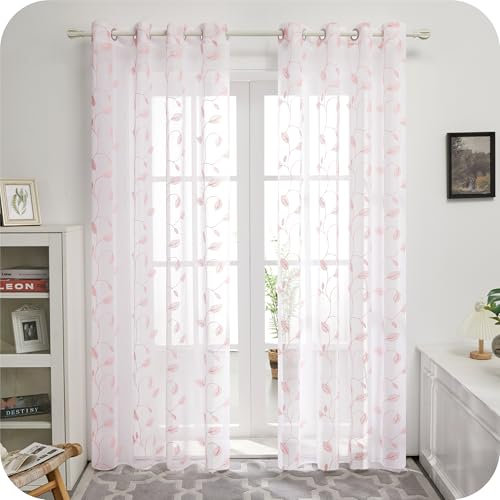 Deconovo Wohnzimmer Gardinen Transparent Gardinenschal mit Muster Gardinen mit Ösen Voile Vorhang, 175x140 cm, Rosa, 2er Set