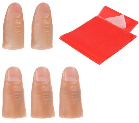 5 Stück Zauberdaumen Trick Magie Daumenspitze Zaubertrick Finger Weich Plastik Finger Zauber Zubehör Finger, Finger Zauber Requisiten und 1 Stück Rot Training Tuch für Zauberartikel Party