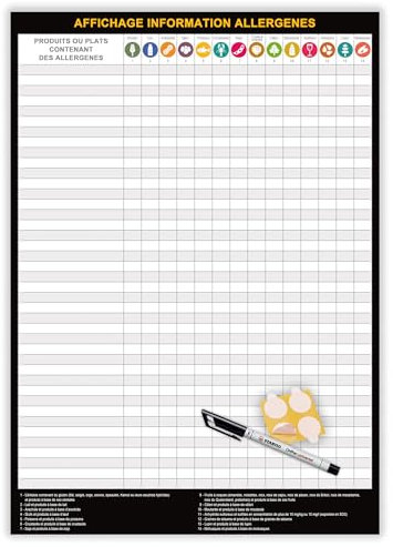 Panneau affichage obligatoire allergènes restaurant - Déclaration obligatoire allergènes dans plats ou menus - A3 plastifié effaçable (42 x 29,7 cm) + feutre + pastilles adhésives (A3AllNoir)