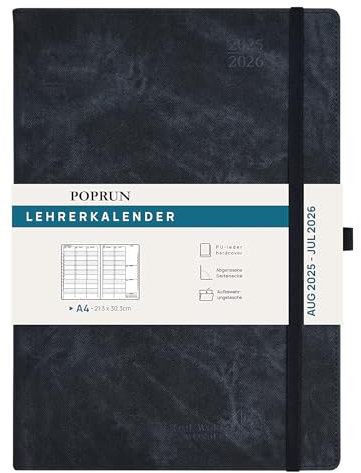POPRUN Lehrerkalender 2025 2026 DIN A4 - Lehrerplaner 25/26 für die Unterrichtsvorbereitung mit Monatliches Register. Schulplaner mit PU-Leder Hardcover für Lehrerinnen und Lehrer - Schwarz