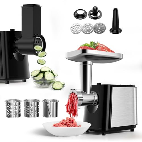 Helangel Electric Meat Grinder 5 in 1, Sausage Maker Vegetable Cutter Salad Maker Cheese Grater with 8 Attachments, Meat Mincer with Reverse Function Included Grind Variety of Poultry Meat