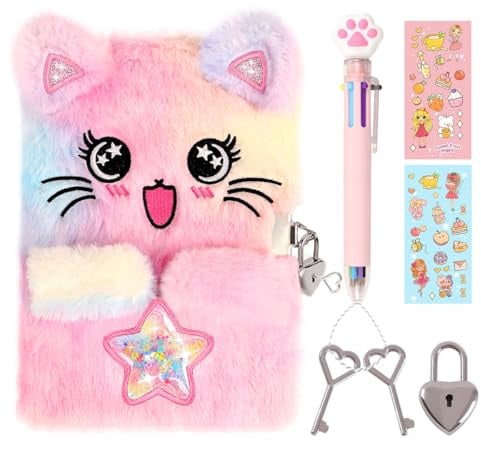 ENYILEE Cat Diary for Girls with Lock and Keys,Tie-Dye Fuzzy Journal for Kids,Hardcover Fluffy Locking Notebook for Writing and Drawing,4-12 Year Old Girl Birthday (A Star-Cat)
