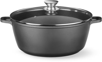 HENDI Cocotte en fonte d'aluminium avec revêtement antiadhésif, 7,5L, Casserole avec couvercle, Marmite pour toutes les sources de chaleur incl. induction, Four jusqu'à 250°C, 387x310x(H)130mm, noir