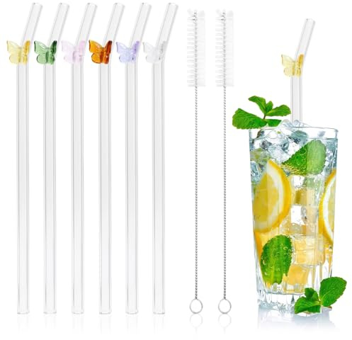 Glas-Trinkhalme mit Anhängern, wiederverwendbar, gebogene Strohhalme mit 2 Reinigungsbürsten, klare Trinkhalme für Smoothies, Saft, Kaffee, Milchshakes, 8 Stück