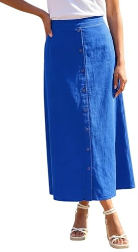 Roman Originals Linen Button Pencil Midi Skirt for Women UK - Ladies Everyday Holiday Spring Summer Comfy Soft Evening Vacation Work Party