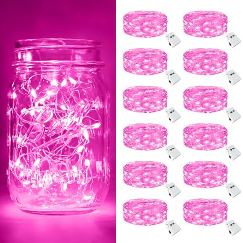 btfarm 12 Pack 3 Modes LED Fairy Lights Battery Operated, 2M 20LED Mini String Lights Battery Powered IP65 Waterproof Silver Wire Small Christmas Lights Indoor Outdoor Decorations for Jar Party, Pink