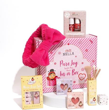 Miss Nella Sparkle Geschenkbox, Kinder-Kosmetikset mit ablösbarem Nagellack, Mini-Maniküre-Set, Lippen- und Nagelpflege-Duo, Stirnband, Rouge und Lidschatten