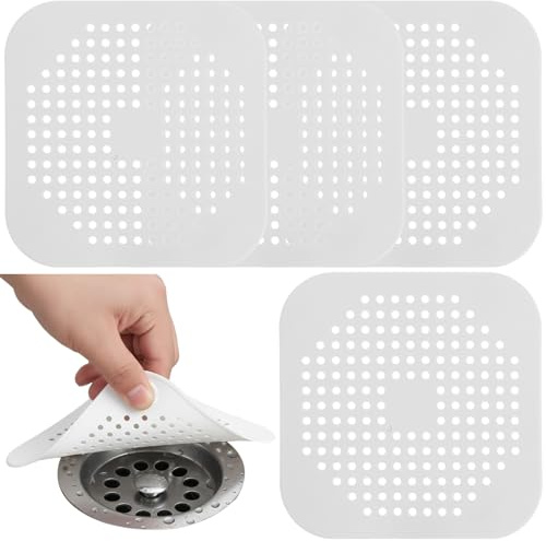 TIESOME Lot de 4 bouchons de vidange de douche carrés en silicone avec ventouses pour salle de bain, baignoire et cuisine, filtre de protection de douche (gris, blanc)