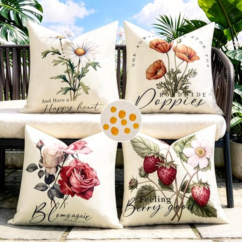 Frühling Kissenbezug Outdoor 50x50 Blumen Kissen Draußen Wetterfest Gartenkissen Wetterfest Sofa Kissenbezug Beige Decoration Aesthetic Kissen Boho Style Deko Schlafzimmer Polsterbezug für Wohnzimmer