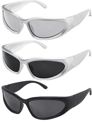 KbouZgxa 3-Pack Rave-Brillen, retro ovale Wrap-Around-Sonnenbrillen für Männer und Frauen, Y2K-Sonnenbrillen, modische Unisex-Brillen, Sonnenabschirmung, Sport beim Autofahren, Radfahren, Outdoor