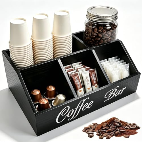 TCETCY Boîte de Rangement pour Capsules de Café Noir Organisateur de Café en Bois Distributeur de Cafés avec Rangement étagère en Bois Idéal pour Bars à Cafés, Maison, Bureau et Restaurants