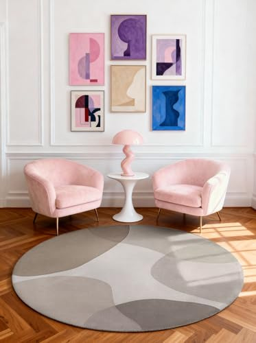 Ted Baker Wollteppich Rund Clarissa - Buntes Design Wohnzimmerteppich, 100% Wolle, Handgewebt & Natürlich, Retro Naturfaser Teppich für Wohnzimmer, Schlafzimmer, Esszimmer – Beige Grau, Ø160 cm