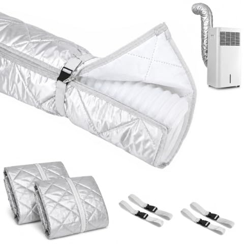 Lot de 2 housses de protection pour climatiseur mobile avec fermeture éclair et 4 boucles, 149 x 58,5 cm, argenté, isolation pour tuyau d'évacuation de 13 à 15 cm, tuyau universel anti-poussière
