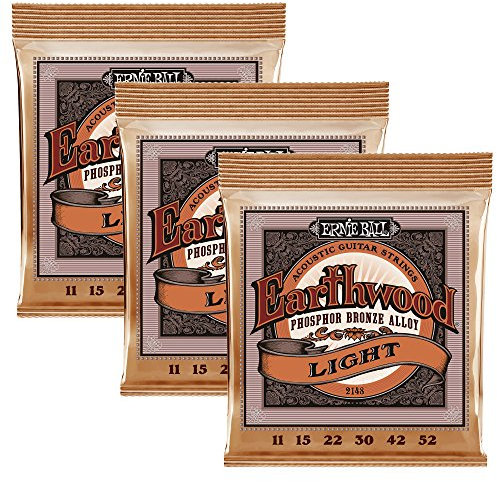 Ernie Ball Earthwood Jeu de 3 cordes légères Phosphore Bronze pour guitare acoustique, calibre 11-52
