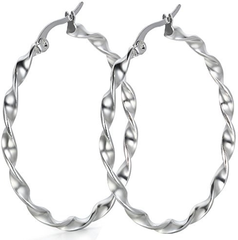 JewelryWe Schmuck Damen Ohrringe, Edelstahl große verdreht Kreis Creolen Ohrstecker Ohrhänger Geschenke für Frauen Mädchen, Silber 30mm