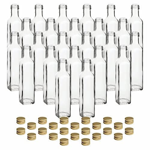 gouveo Lot de 24 bouteilles en verre carrées de 250 ml avec bouchon à vis doré - Bouteille Maraska transparente en verre - Bouteilles d'huile vides à remplir avec couvercle PP31.5 (MFET250G)