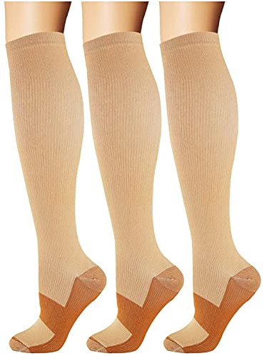 Kupfer Kompressionsstrümpfe Stützstrümpfe Reisestrümpfe Kniestrümpfe für Männer Frauen 3 Paar für Laufen Sport Medizin Beige EU 35-39