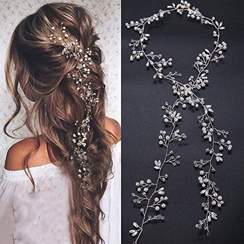 Deniferymakeup bridal rose gold and gold silver extra long pearl and crystal beads wedding hair vine