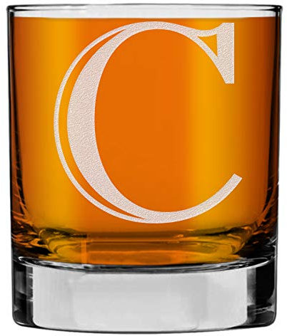 Etched Monogram 325ml Whiskey Rocks Glass (Letter C), A-Z Customised Bourbon Gin Rum Gifts Men, Personalised Whisky Tumbler Glass, Custom Engraved Gifts for Him, Initial, Name, Birthday, Retirement