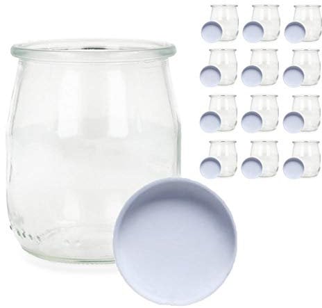 Glas-Joghurtbereiter mit Deckel, Packung mit 12 Becher für Joghurtbereiter 143 ml, Behälter für Kuchen, für Moulinex, Deckel, Severin, Braum und Joghurtbereiter 143 ml Weißer Deckel