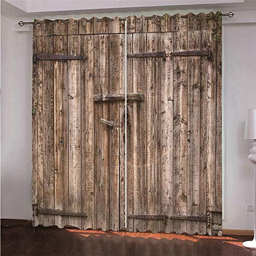 ZXYLSL 3D gedruckt Gardine Vorhänge - Planke Holztür Holzoptik-Braun - Verdunklungsvorhang - Ösen Verdunklungsgardine Polyester Vorhänge für Schlafzimmer 110 x 215cm x2