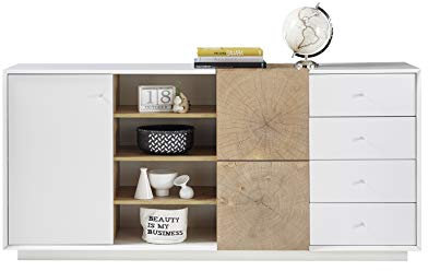 Robas Lund Sideboard weiß matt, Wohnzimmerschrank mit Absetzung Eiche Hirnholzoptik, BxHxT 179x83x40 cm