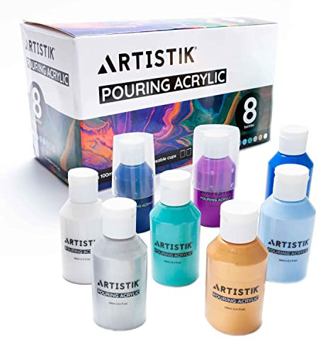 ARTISTIK Acrylic Pouring Paints - 8 x 100ml Paint Colour Set with 2 Mixing Cups - Paint Bottles for Art Supplies, Canvas, Glass, Paper, Wood, Stone, Tile